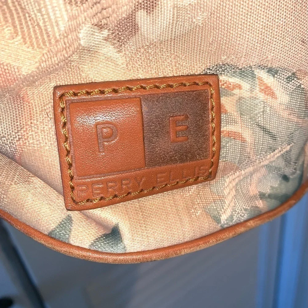 Perry Ellis vintage floral canvas bucket purse with leather trim